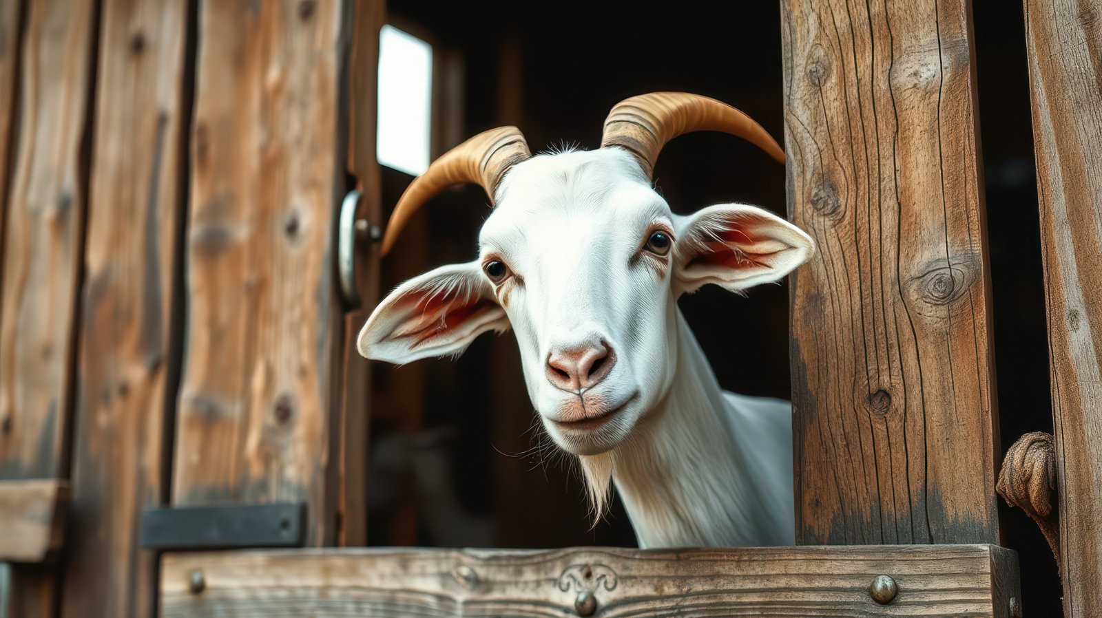 Curious goat peeking out from rustic barn during sunny day in rural setting